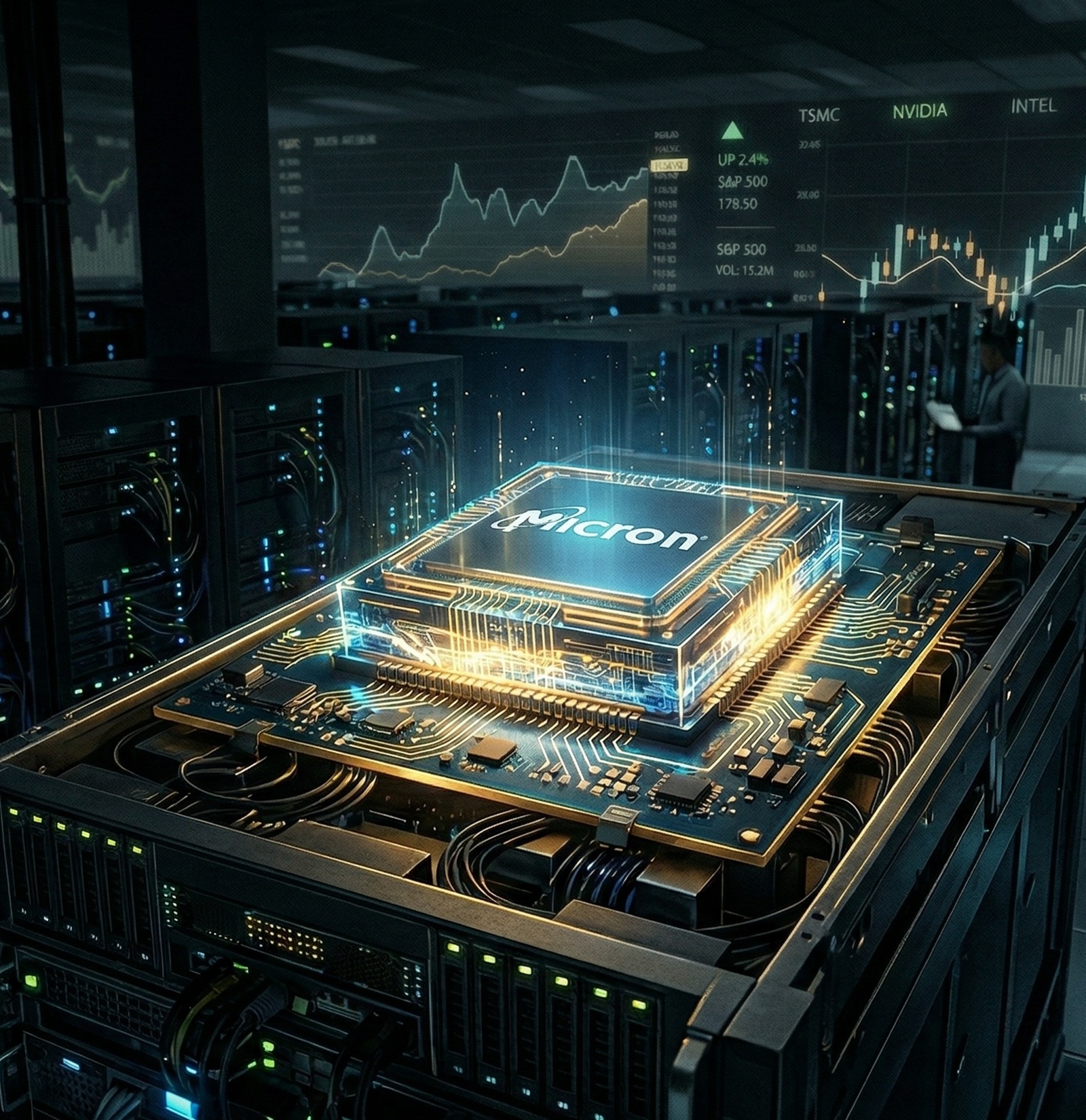 Micron acciones análisis con chip de memoria en centro de datos reflejando el crecimiento impulsado por inteligencia artificial