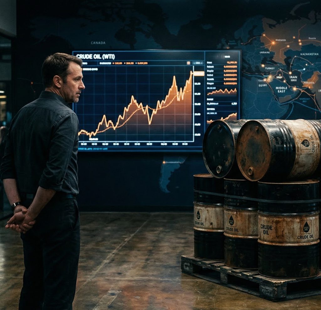 petróleo subvaluado a $100 representado con barriles y gráficos financieros en un contexto de mercado global energético