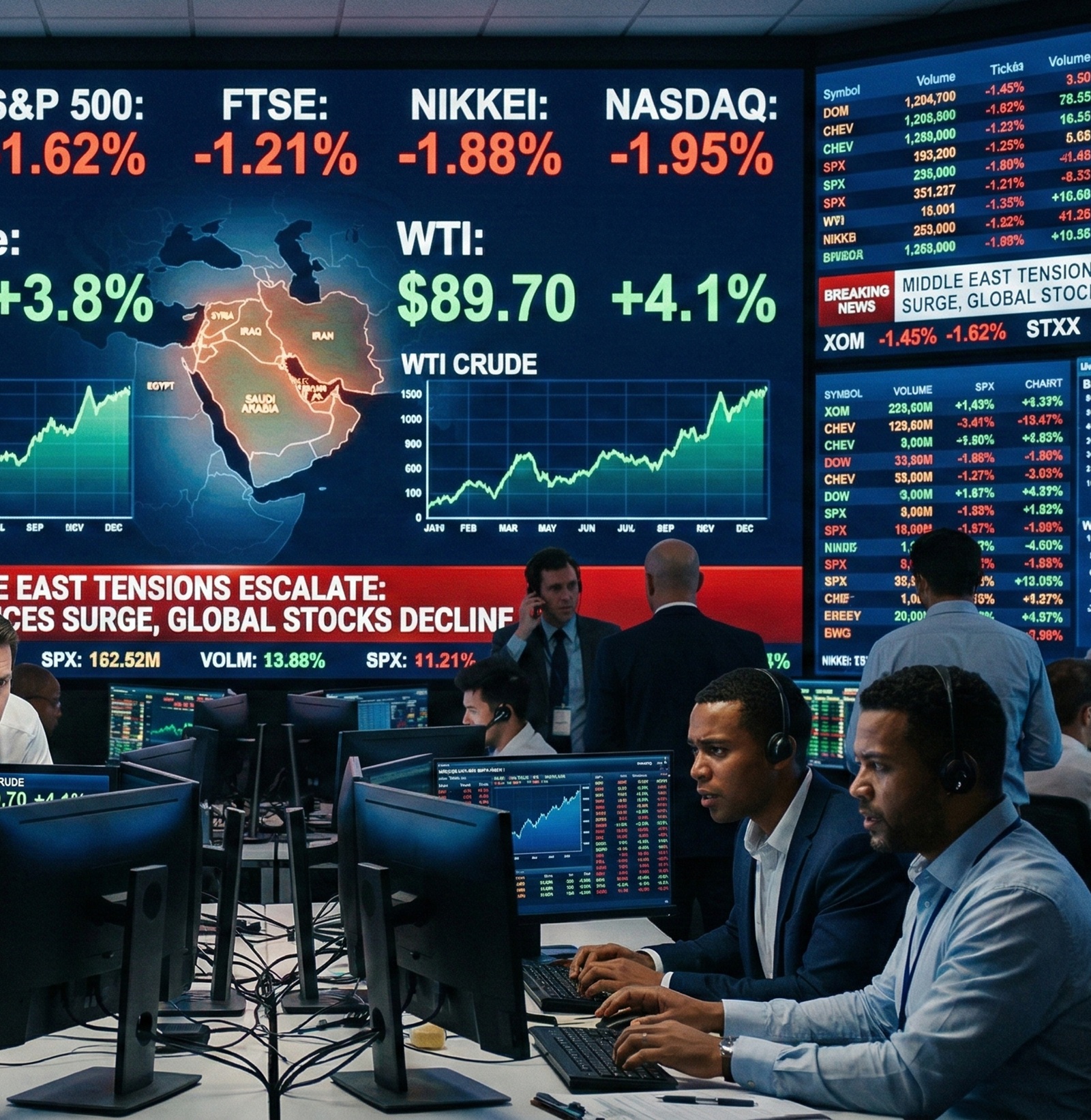 Reacción del mercado a la guerra con Irán reflejada en pantallas bursátiles y precios del petróleo en aumento.