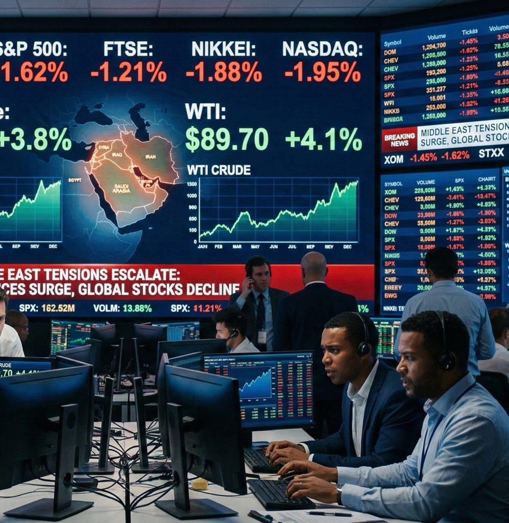 Reacción del mercado a la guerra con Irán reflejada en pantallas bursátiles y precios del petróleo en aumento.