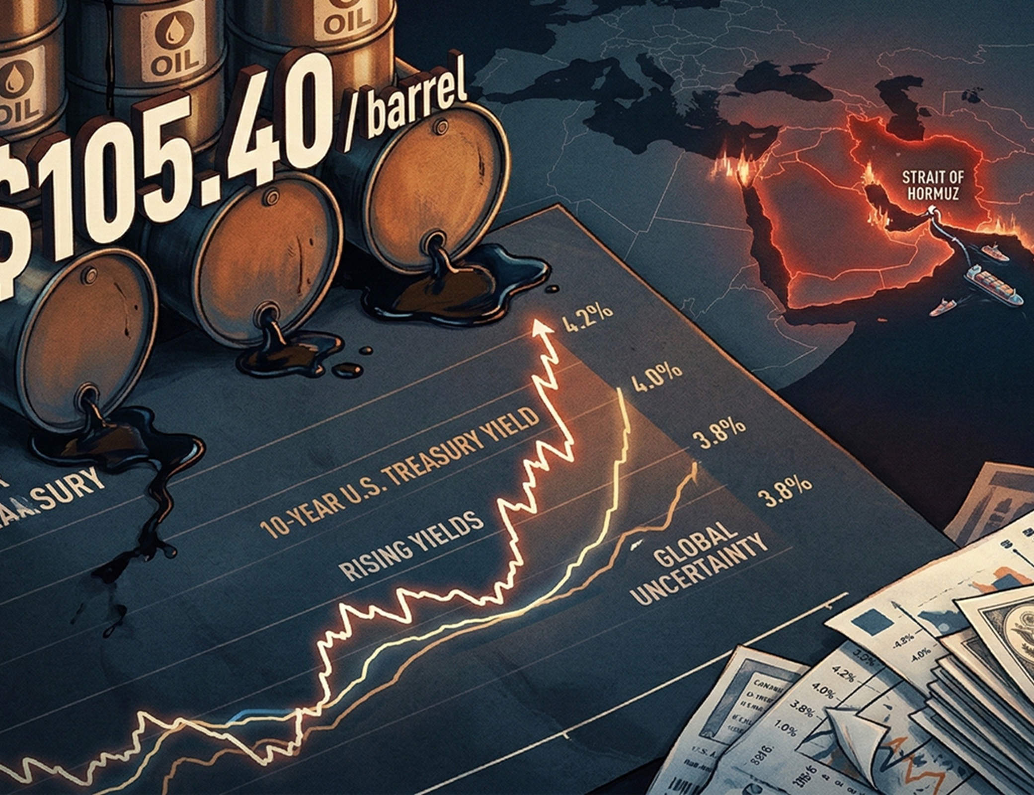 Rendimientos del Tesoro suben por la guerra en Irán y el aumento del precio del petróleo sobre 100 dólares.