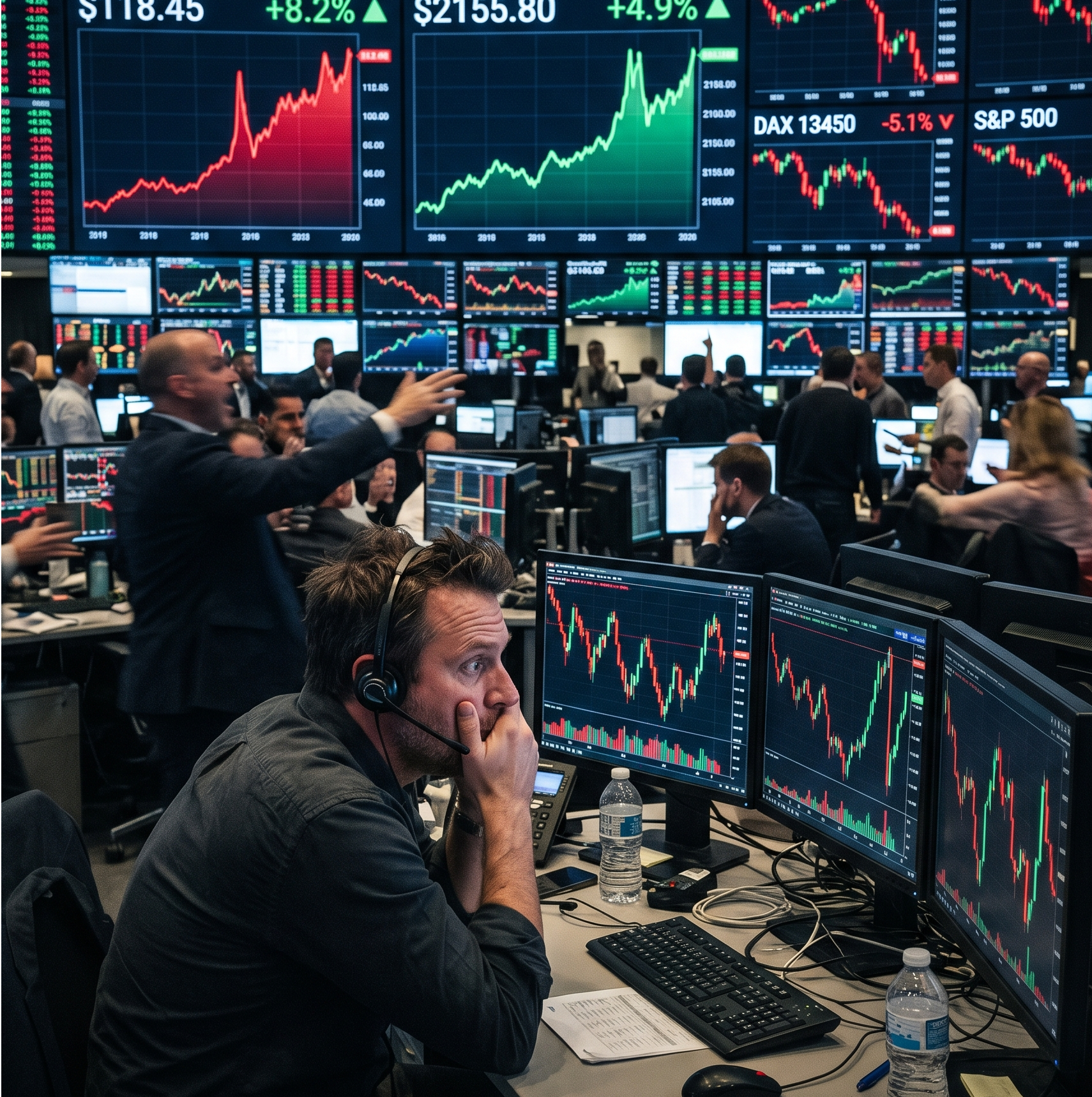 volatilidad de guerra en mercados financieros con subidas y caídas bruscas en gráficos de inversión