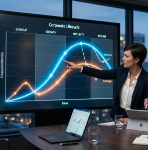 Ilustración del ciclo de vida corporativo mostrando crecimiento, madurez y declive empresarial según el modelo financiero de Damodaran