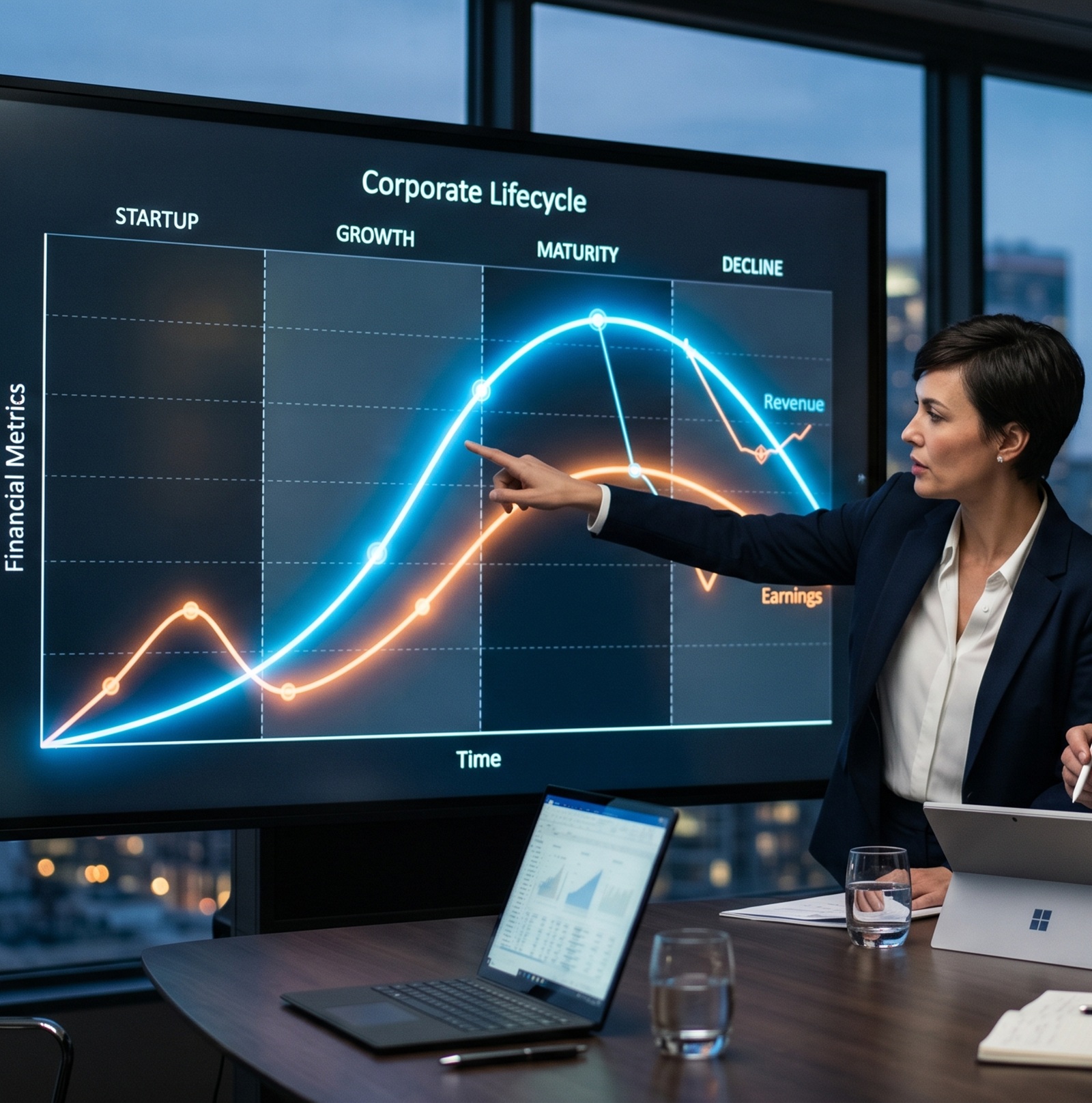 Ilustración del ciclo de vida corporativo mostrando crecimiento, madurez y declive empresarial según el modelo financiero de Damodaran