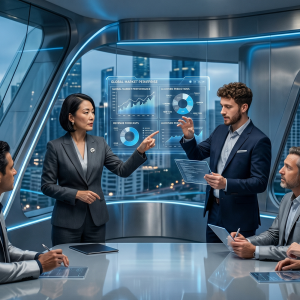 IA y empresas. Ejecutivos utilizando inteligencia artificial para la toma de decisiones empresariales en una oficina corporativa moderna.