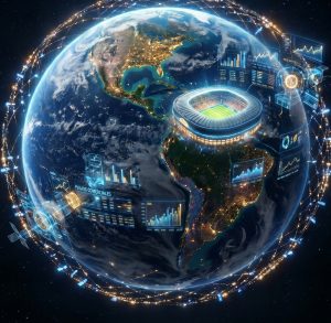 La Tierra rodeada por satélites Starlink mientras un estadio del Mundial 2026 simboliza el surgimiento de la economía extraterrestre.