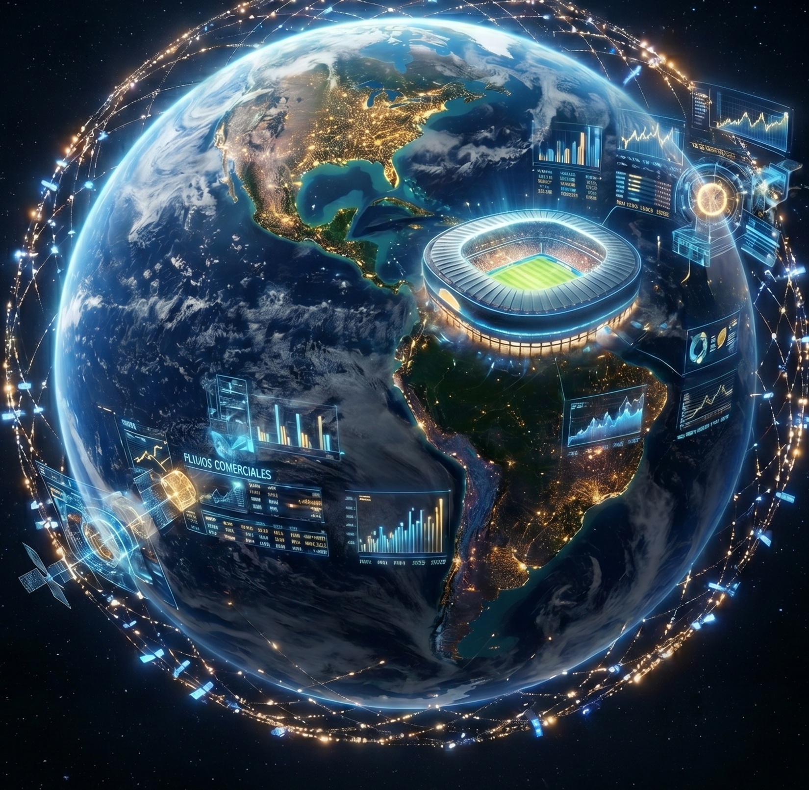 La Tierra rodeada por satélites Starlink mientras un estadio del Mundial 2026 simboliza el surgimiento de la economía extraterrestre.