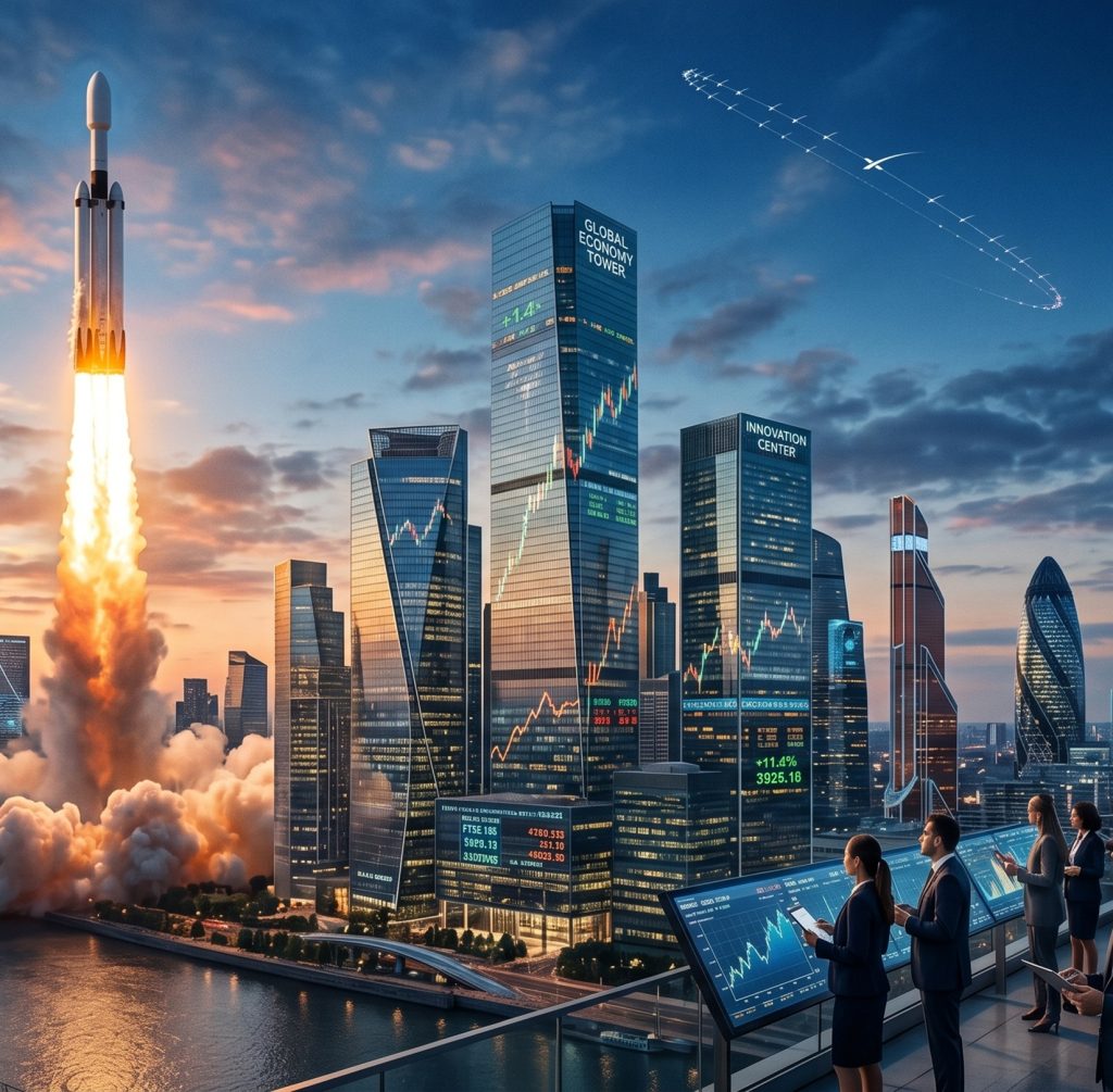 SpaceX supera a Microsoft en valoración de mercado mientras un cohete despega y simboliza el crecimiento de la economía espacial global.