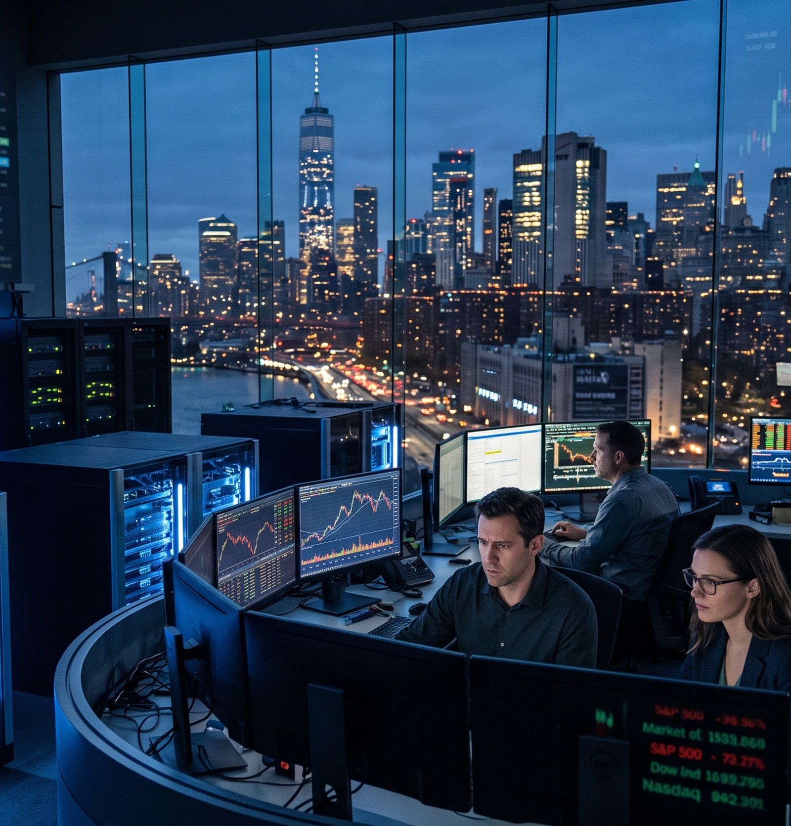 Burbuja de la IA: representación editorial de centros de datos y mercados financieros ante el debate sobre el impacto de OpenAI en Wall Street.