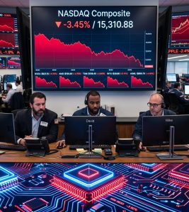 Pantallas bursátiles mostrando la caída del índice Nasdaq junto con gráficos de acciones del sector de semiconductores.