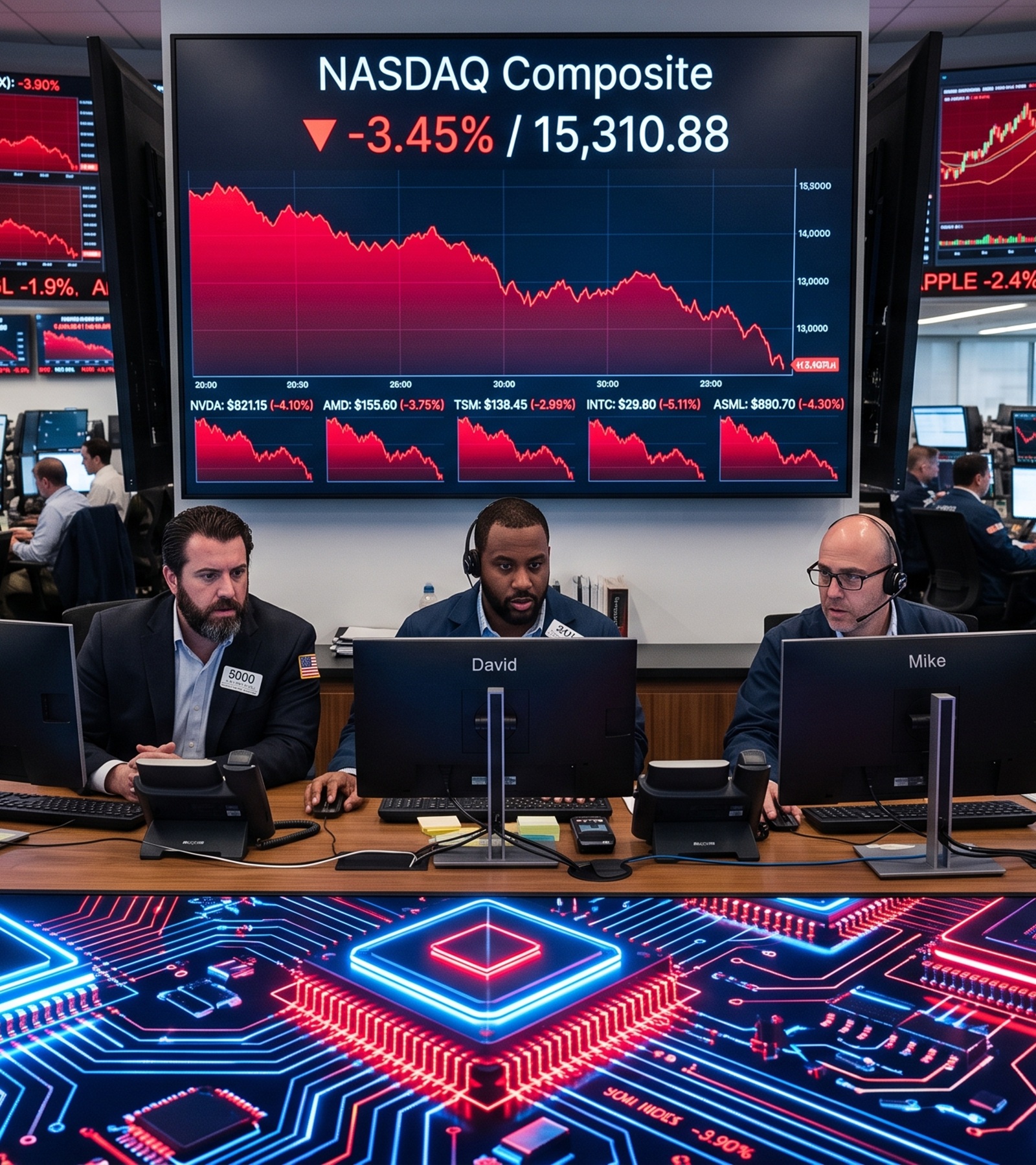 Pantallas bursátiles mostrando la caída del índice Nasdaq junto con gráficos de acciones del sector de semiconductores.