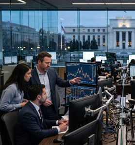Mercados ante la Fed con operadores siguiendo la volatilidad de Wall Street y el impacto de la inteligencia artificial en las bolsas estadounidenses.