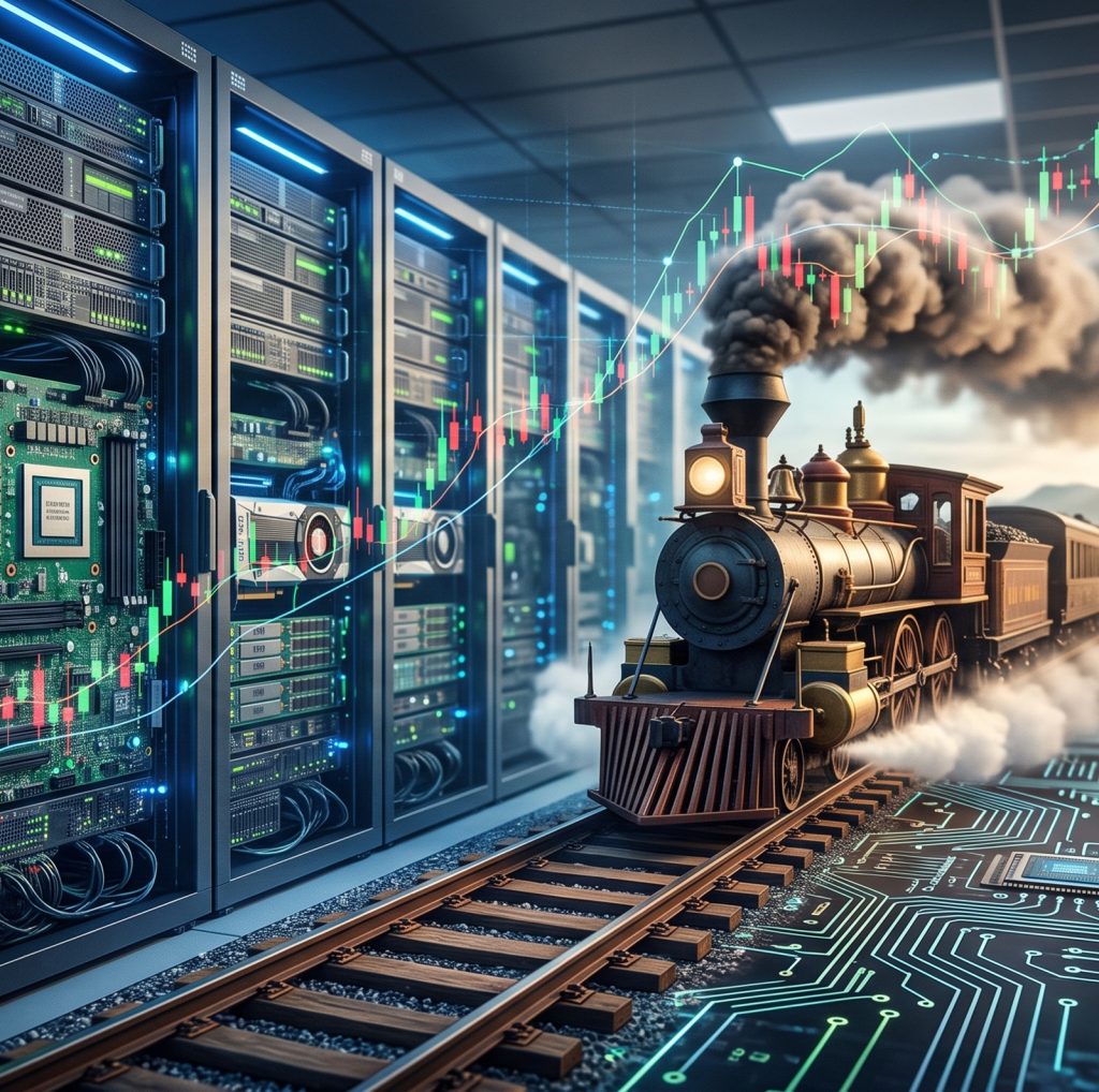 Centro de datos con chips de inteligencia artificial comparado con un ferrocarril del siglo XIX como símbolo de los ciclos históricos de innovación tecnológica.