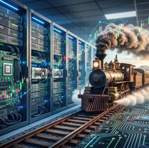 Centro de datos con chips de inteligencia artificial comparado con un ferrocarril del siglo XIX como símbolo de los ciclos históricos de innovación tecnológica.