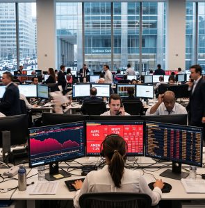 Venta de tecnológicas impulsada por hedge funds según Goldman Sachs, representada con operadores institucionales y pantallas del mercado Nasdaq en descenso.
