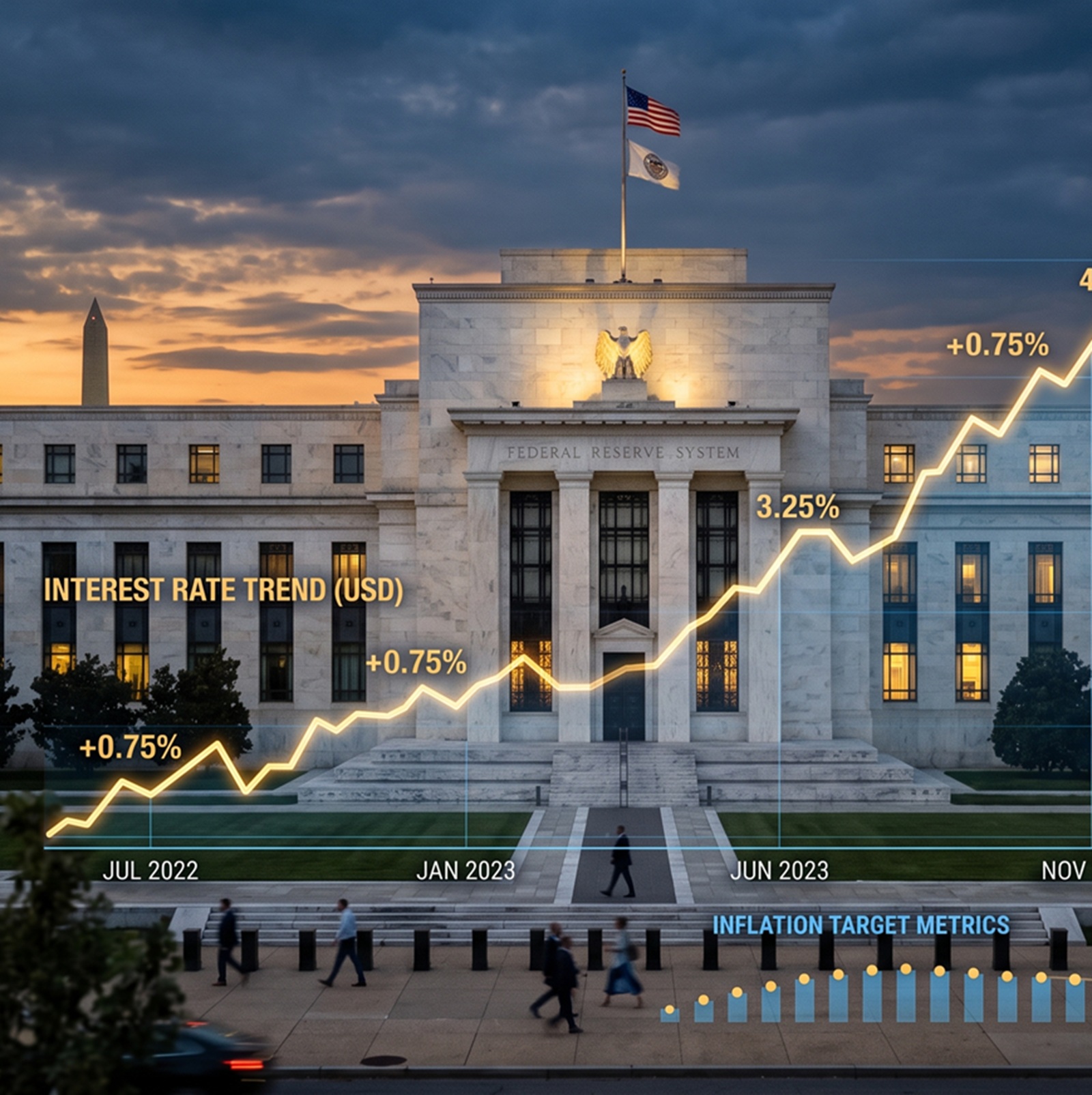 Edificio de la Reserva Federal con gráfico de tasas de interés en alza, ilustrando la advertencia de Kevin Warsh sobre inflación persistente.