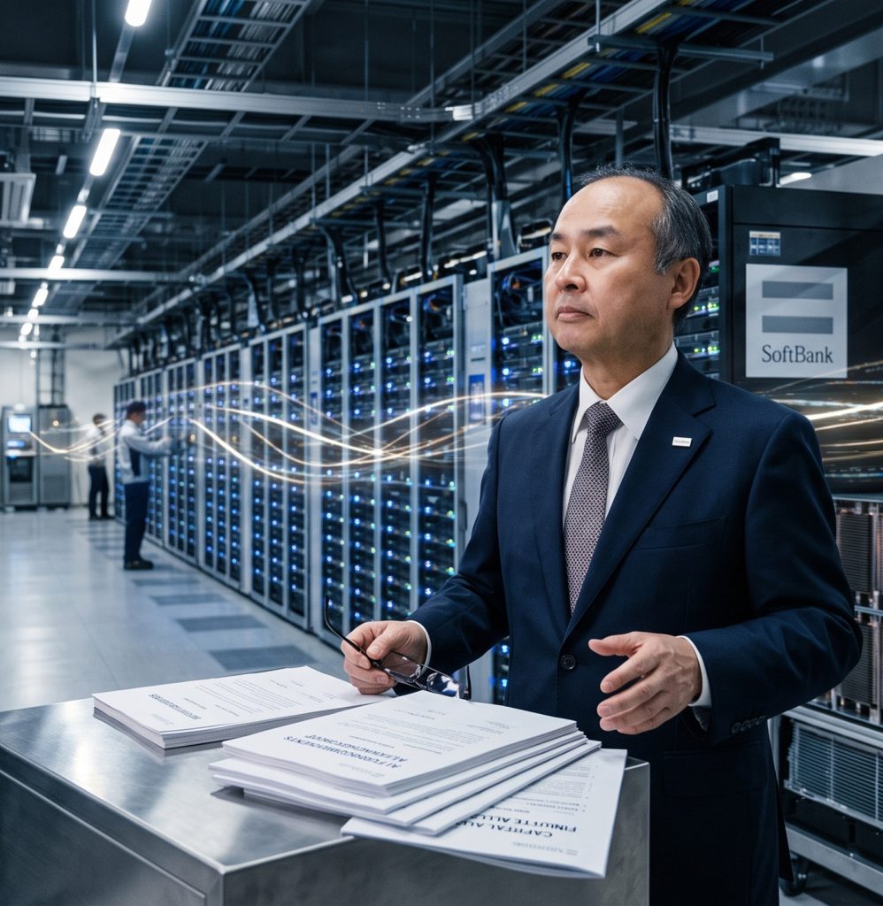 Masayoshi Son frente a un centro de datos que representa la financiación de IA y la expansión tecnológica de SoftBank.