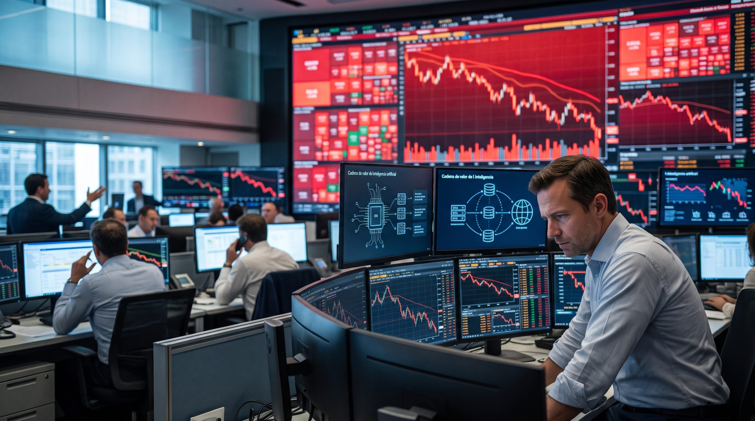 Imagen editorial de Wall Street con pantallas financieras en rojo que representan la caída del Nasdaq y la corrección de las acciones tecnológicas.