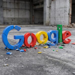 Sede de Google con una visualización editorial de la caída bursátil tras los Resultados de Google del tercer trimestre de 2026.