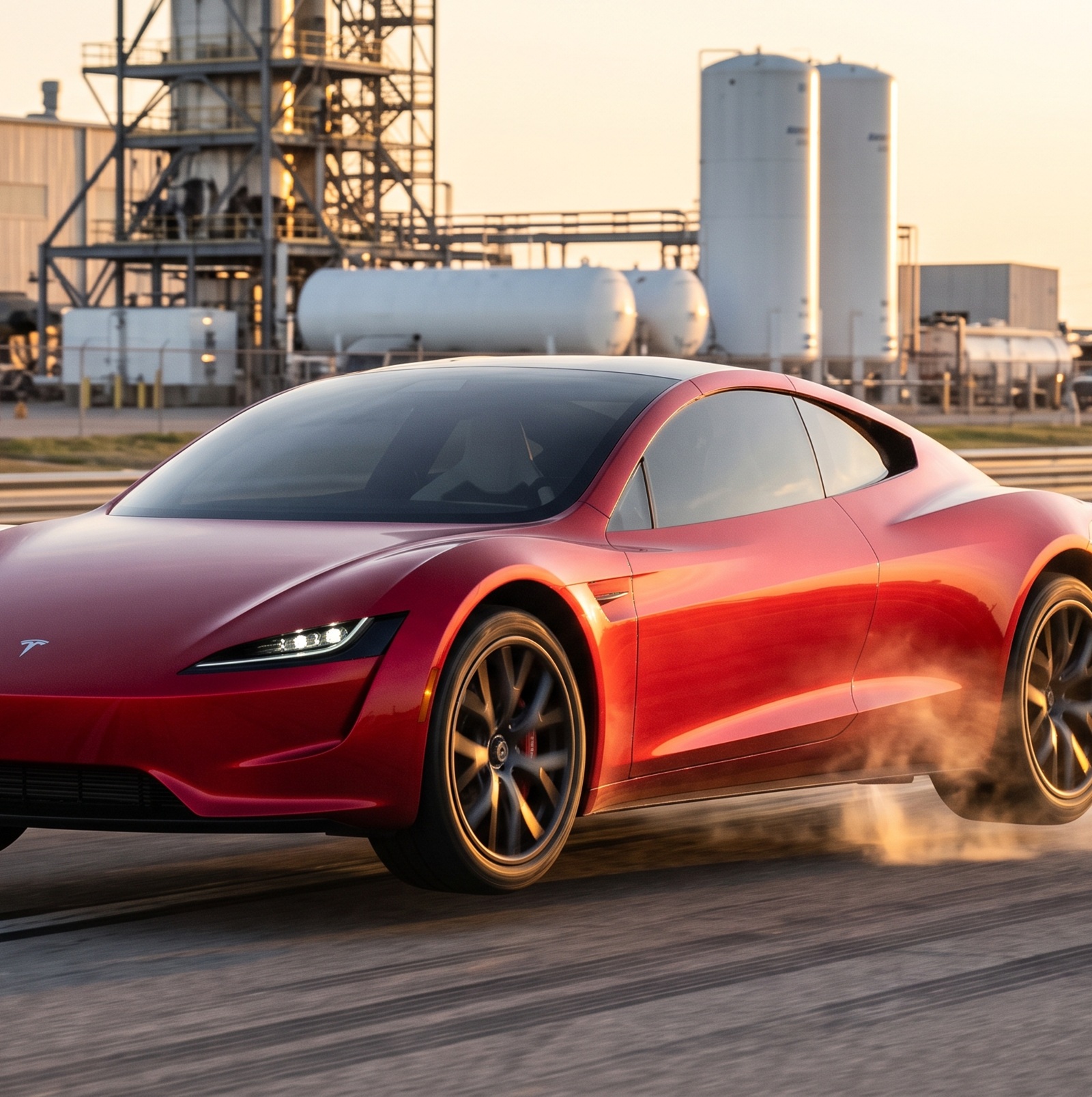 Tesla Roadster rojo en una pista de pruebas, representando la tecnología de propulsión desarrollada junto con SpaceX.