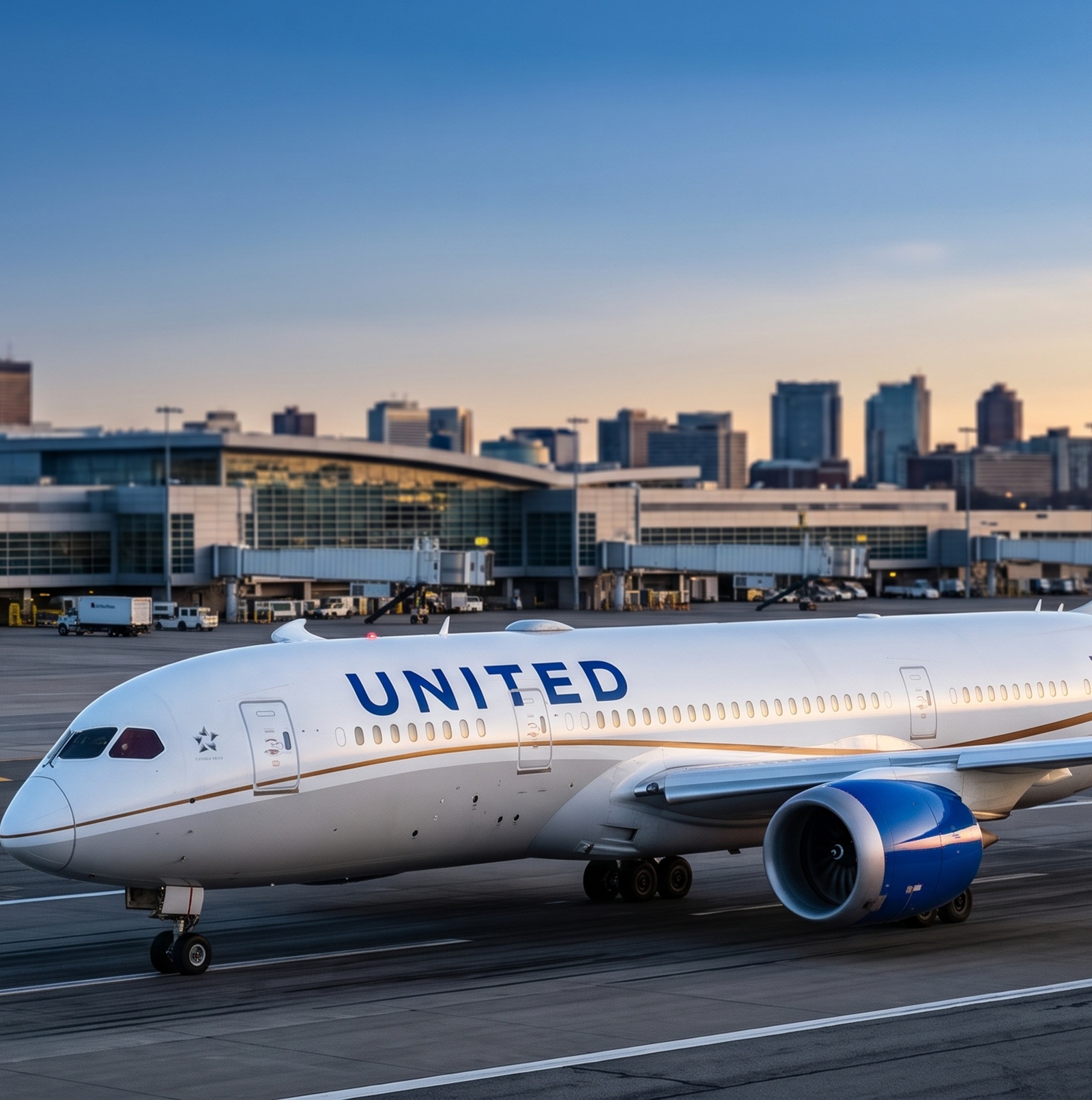 Avión de United Airlines en un aeropuerto internacional, imagen de análisis financiero de las acciones de United Airlines.