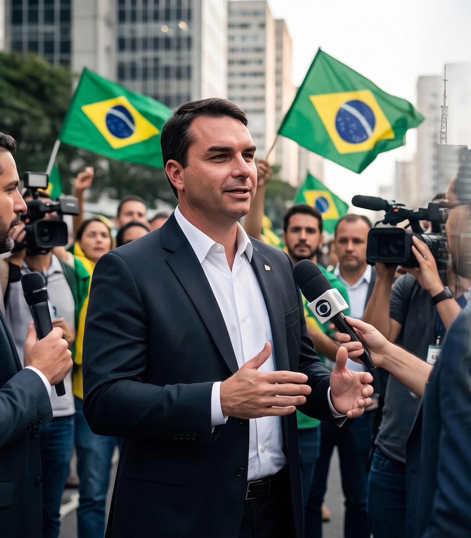 Flávio Bolsonaro ante seguidores tras las elecciones Brasil 2026, con el mercado financiero brasileño como contexto económico.