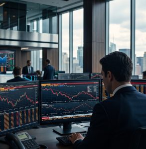 Imagen editorial sobre la Inflación de EE. UU. y la tensión en Wall Street, con operadores bursátiles y pantallas de mercado.
