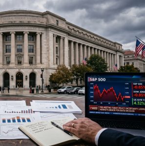 Inflación en EE. UU. y decisiones de la Reserva Federal representadas mediante el edificio de la Fed y gráficos económicos.