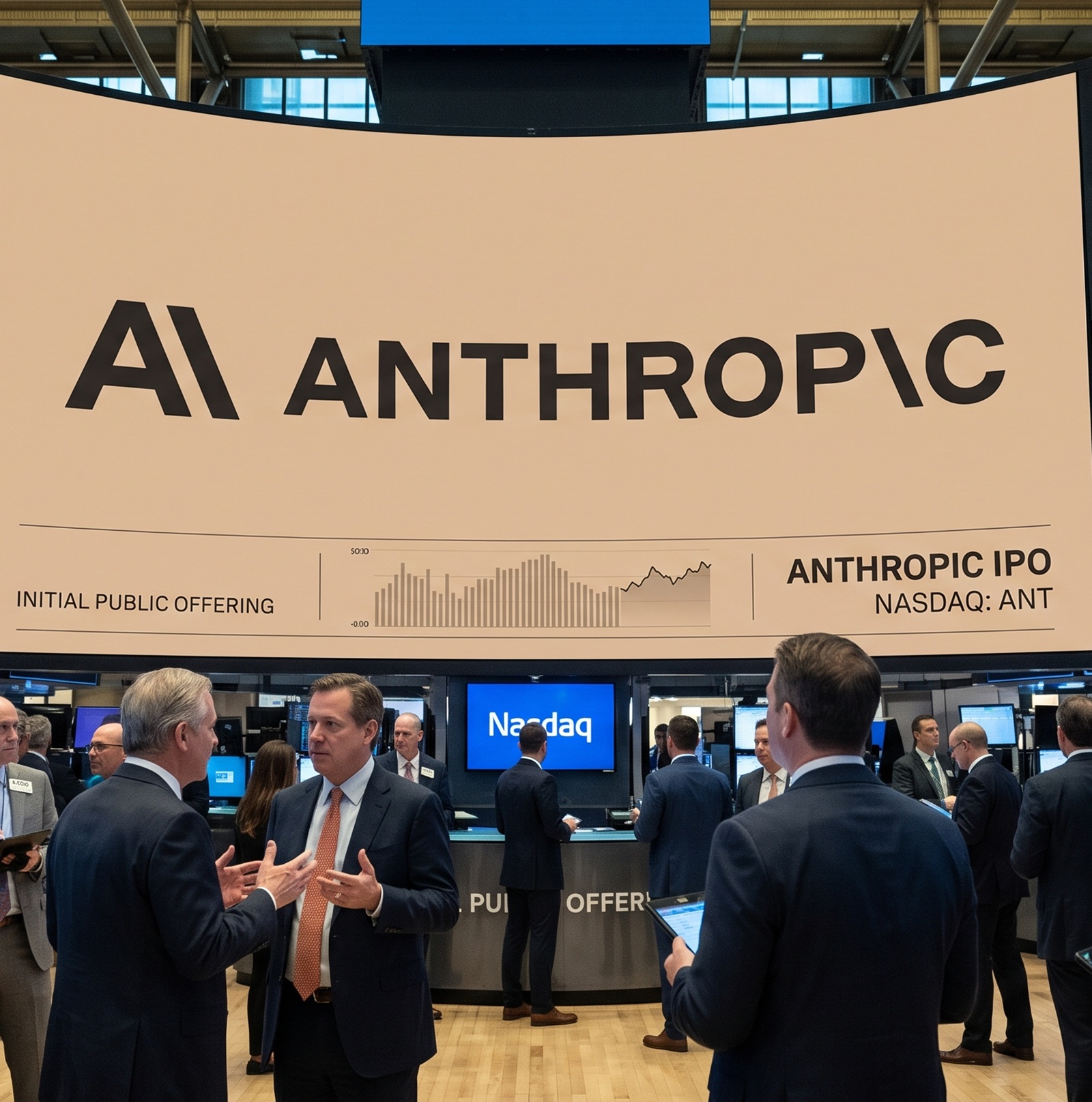 IPO de Anthropic representado mediante una pantalla con el nombre de la compañía y el ambiente financiero de Wall Street.