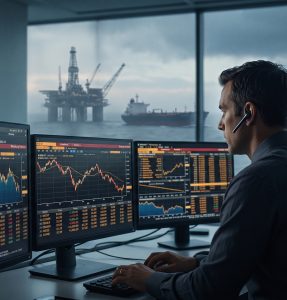 Operador financiero observa pantallas con indicadores bursátiles y del petróleo, representando los resultados corporativos bajo presión.
