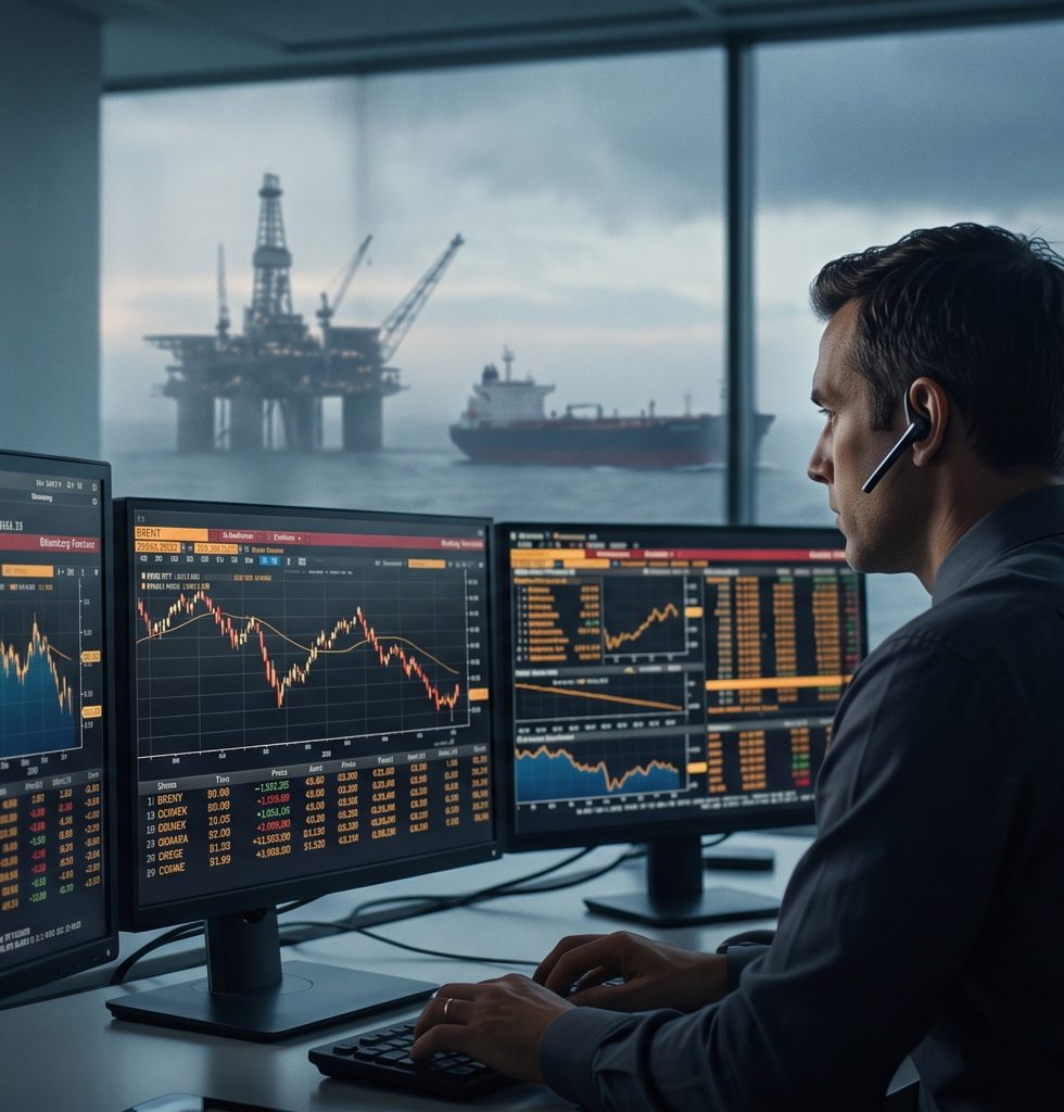 Operador financiero observa pantallas con indicadores bursátiles y del petróleo, representando los resultados corporativos bajo presión.